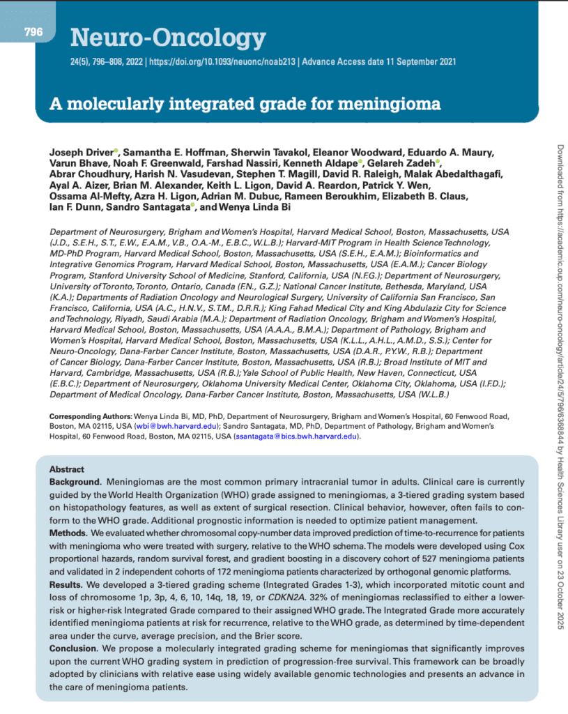 First page of "A Molecularly Integrated Grade for Meningioma" in Neuro-Oncology